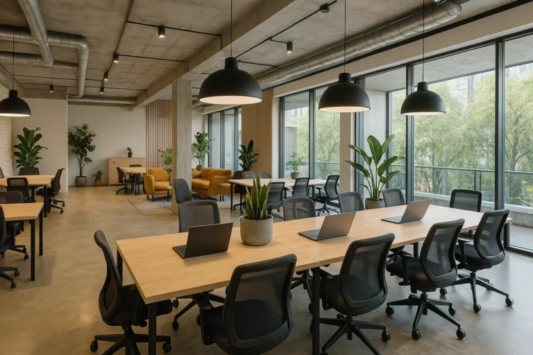 Moderne coworking-kontor med fælles arbejdsstationer, bærbare computere og grønne planter.